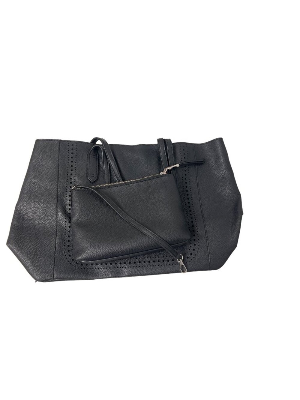 Splendid Black Faux Leather Bag With Perforated Detail Nautical Stripe Lining